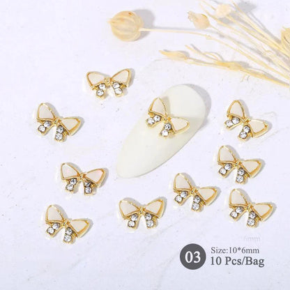 Aichashi 10pcs/bag Butterfly Shaped Nail Rhinestone Star Flower Nail Charm Silver Gold Alloy Nail Pearl Jewelry Accessories Nail Supplies