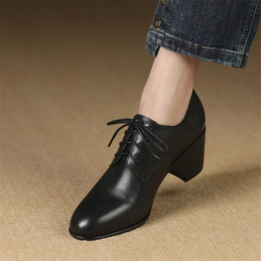 Aichashi New Spring Genuine Leather Women Shoes Round Toe Women Pumps Shoes for Women High Heel Chunky Heel Shoes Zapatos Mujer Loafers