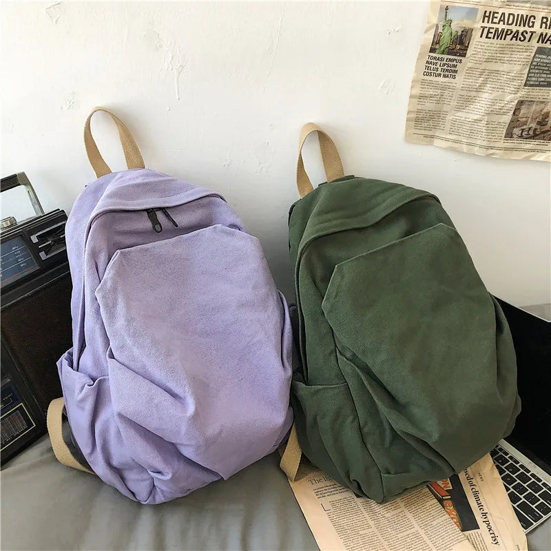 Aichashi BACK TO SCHOOL New Japanese Solid Colour Schoolbag Korean Student Canvas Backpack Large Capacity Double Shoulder Bag for Women Travel Backpack