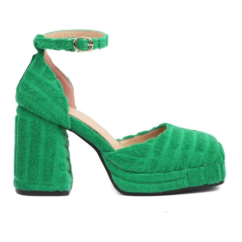 aichashi  -  Orange Green Ankle Strap Sandals for Women Summer Super High Heels Square Toe Pumps Female Design Towel Gladiator Shoes 43