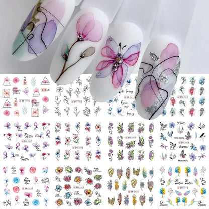 Aichashi 12 Designs Lily Flowers Nail Stickers White Flower Green Leaf Geometric Line Sliders Spring Floral Water Transfer Decals Slider