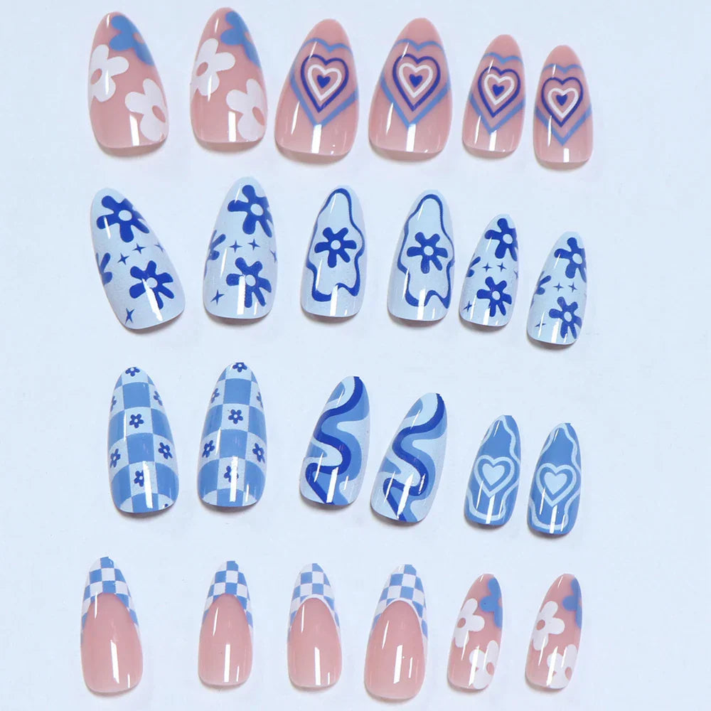 Aichashi 24pcs Press on Nails  Long Almond Blue Line Love Flower Lattice Print Fake Nail French Tip Press on Nails Cute Nail