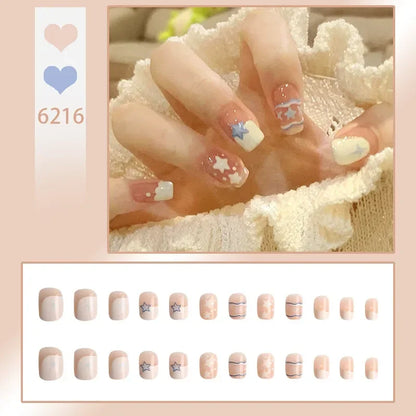 24pcs French Fake Nails Short Art Nail Tips Press Stick on False with Designs Full Cover Artificial Pink Wearable Christmas Tips