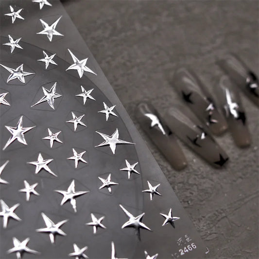 Aichashi 3D Bronzing Laser Silver Irregular Star Nail Decals Metallic Effect Silver Pentagram Nail Decals Adhesive Nail Art Star Stickers