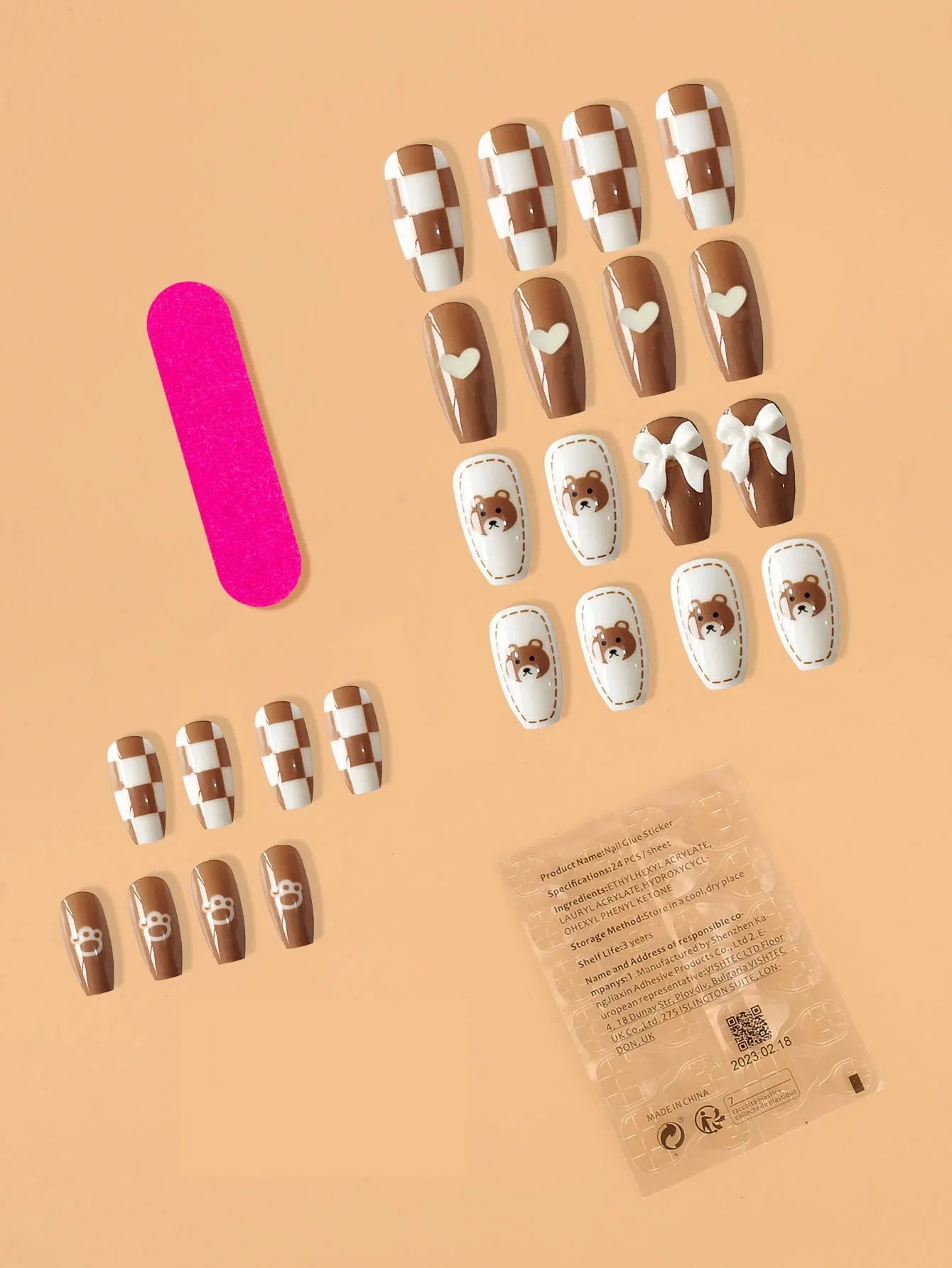 24Pcs Fashion Fake Nails Press on Nail Cute Bear Milk Tea Color Chessboard Grid Pattern Artificial nail Tips with Jelly glue