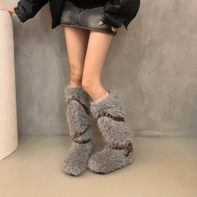 aichashi  -  Winter Designer Women Snow Boots Fashion Short Plush Long Booties Concise Slip On Cotton Shoes