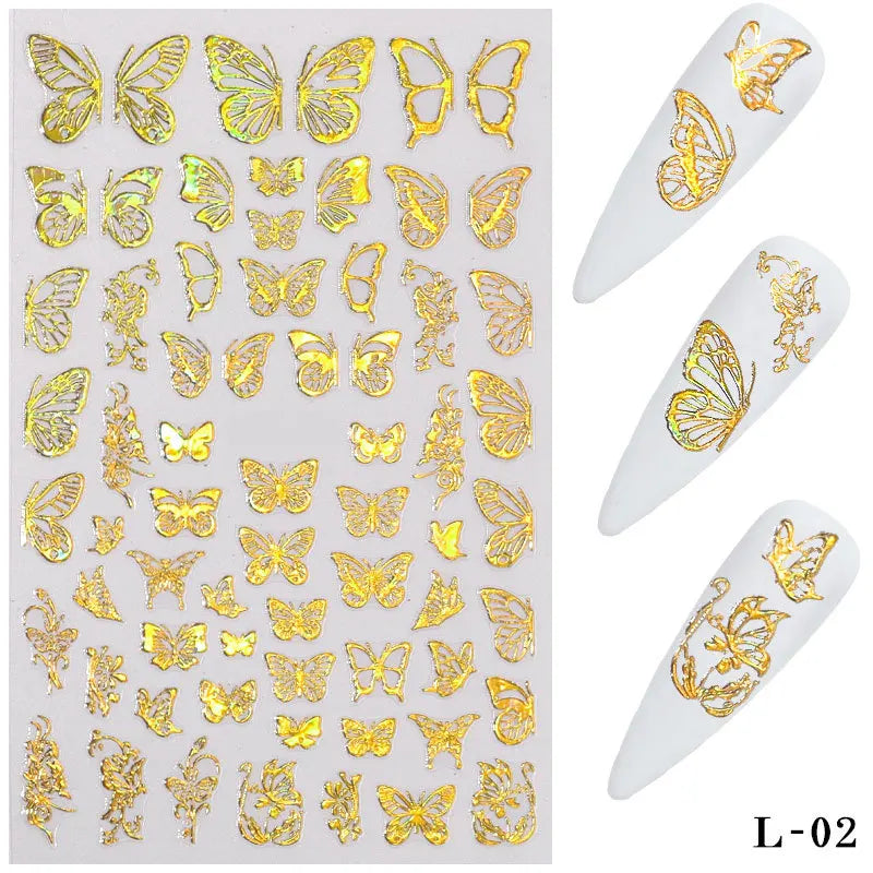 Aichashi 3D Laser Nail Stickers for Nail Art Decorations Gold Sliver Butterfly Nail Bronzing Stereoscopic Decals