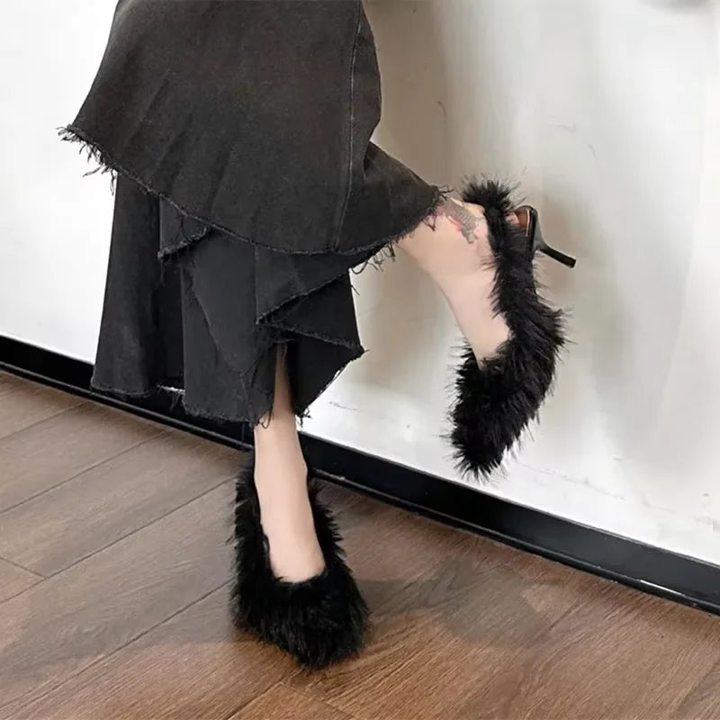 aichashi  -  Novelty Design Furry Women Pumps Fashion Plush Tassel Style High Heels for Women Back Strap Thin Heeled Sandals Zapatos Mujer