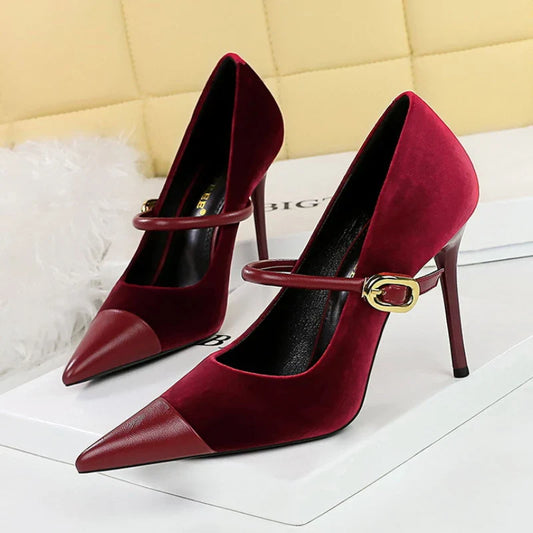 aichashi  -  Pointed Toe Velour Stiletto Heel Women Designer Party Dress Shoes Metal Buckle Splicing Elegant Heels Office Women Shoes Pumps