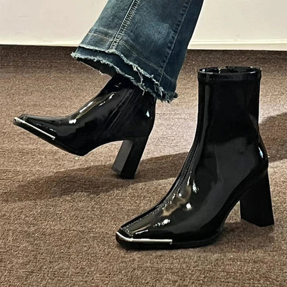 Aichashi Fashion Women Thick High Heel Ankle Boots Solid Patent Leather Office Pumps 2024 Autumn Mujer Square Toe Short Boots