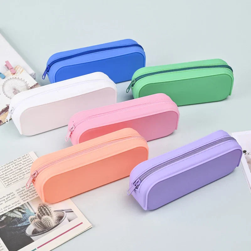 Aichashi BACK TO SCHOOL Waterproof Soft Silicone Pencil Case Candy Color Pencil Stationery Box Large Capacity Makeup Brush Storage Box Student Supplies