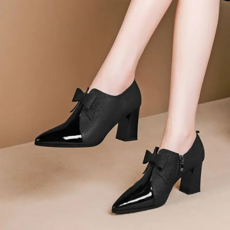 Aichashi 5cm Deep Mouth High Heels Women's Spring Autumn New Fashion Bow Versatile Elegant Pointed Thick Heel Single Shoes Women