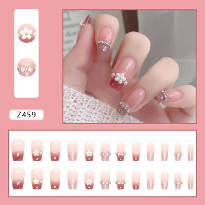 Aichashi Nail Art Fake Nails Long Island Iced Tea Wearing Jiashan Camellia Flower 3D Light Change Love Girl Blush Wearing Press on Nails