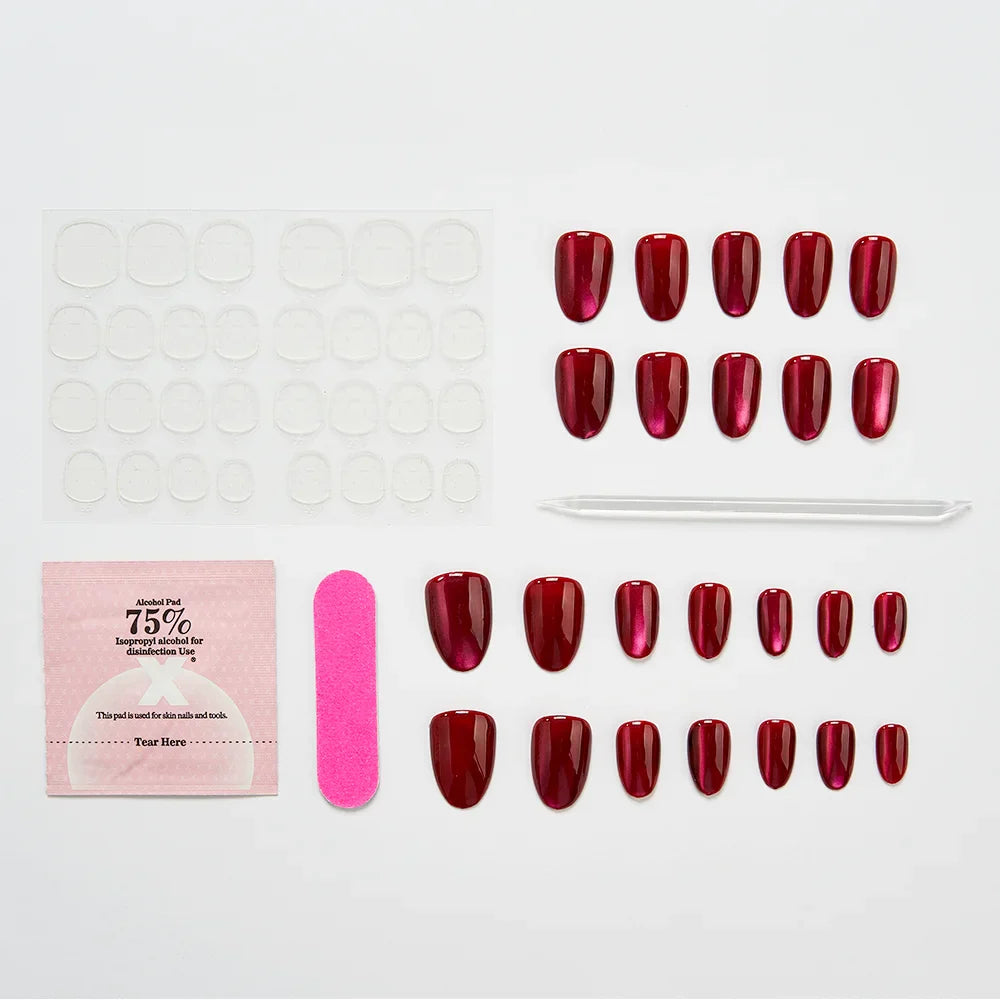 Artificial Nail French Cat Eyes Red Nails Set Long/Short Press on Nails Handmade Acrylic Reusable Fake Nails with Glue Stick-on