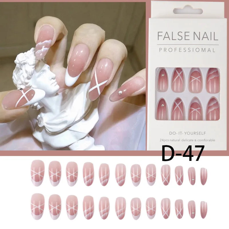 Aichashi 24pcs French Point Diamond Fake Nails Wearing Artificial Square Head Press On Acrylic Nail Art Pearl Patch Almond False Nails