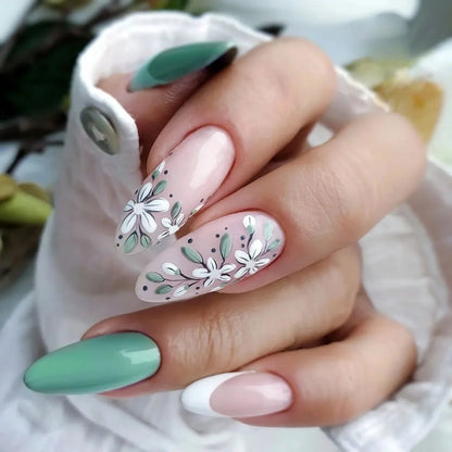 24Pcs Colorful Flowers Design False Nails with Glue Summer Almond Round Fake Nails Wearable Press on Nails Full Cover Nail Tips