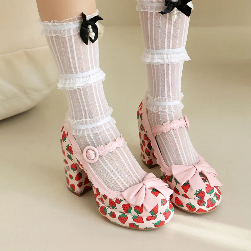 aichashi  -  Princess Lolita Girls Mary Janes Women Sweet Party Dress Cosplay Wedding Pumps Block High Heels Strawberry Shoes Plus Size 34-43