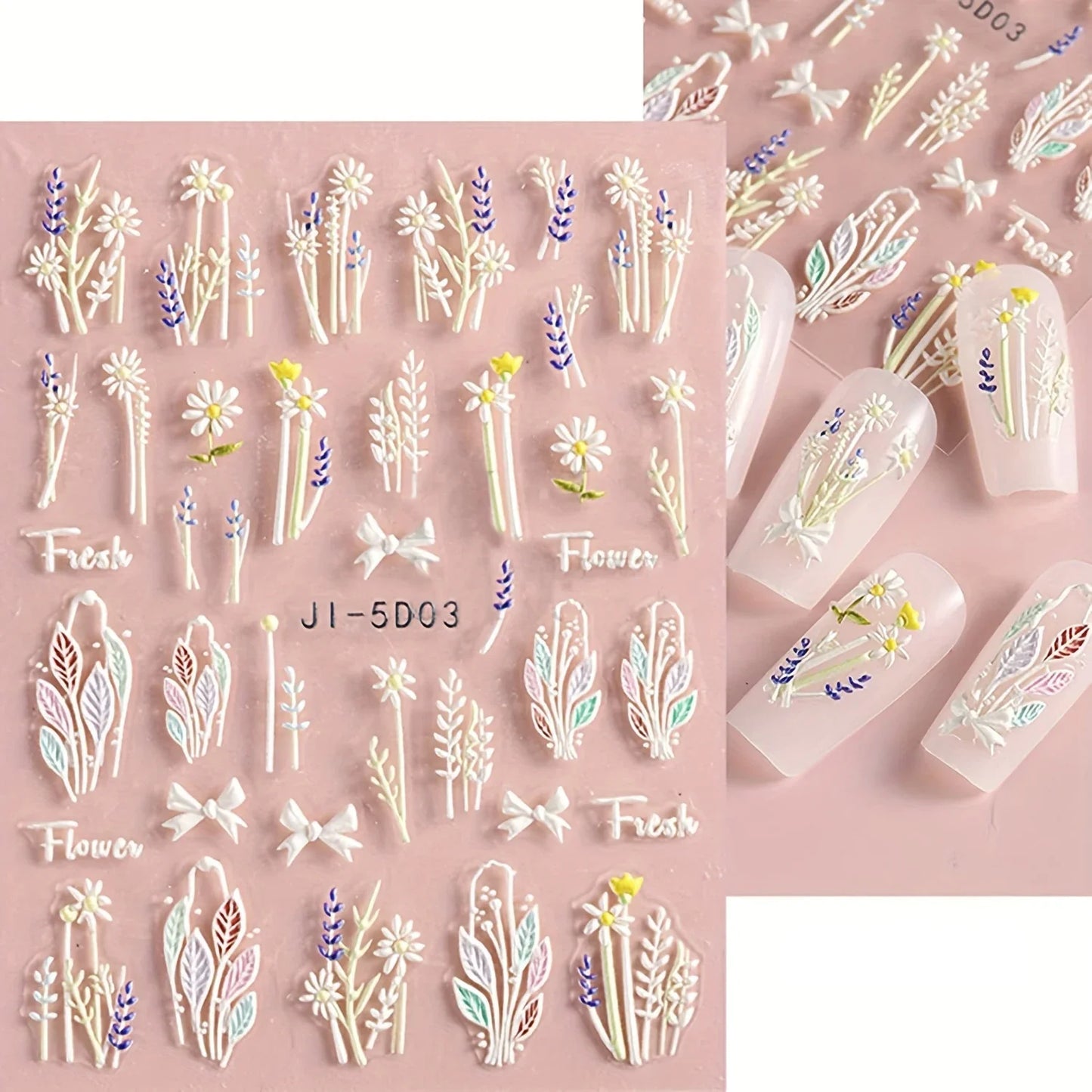 3 Sheets Embossed Flower Leaves Nail Art Stickers Decals Self-Adhesive Nail Art Decoration Manicure Accessories