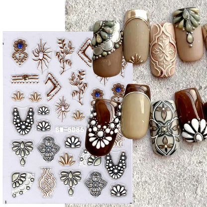 5D Acrylic Bohemia Flowers Nail Embossed Sticker Brown Filigree Lace Tribe Design Adhesive Decal Charms Textured Decoration