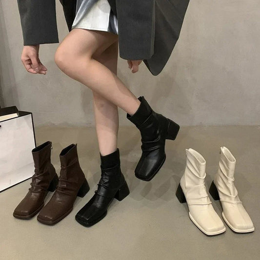 Aichashi Autumn Winter Women Ankle Boots Fashion Square Toe Back Zippers Shoes Vintage Square Heels Ladies Short Booties