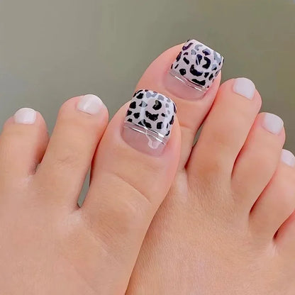 Aichashi 24P White Simple Toe Nails Tips Smudged Leopard Removable Acrylic Press On Toenail Short Full Cover Artificial Foot Fake Toenail