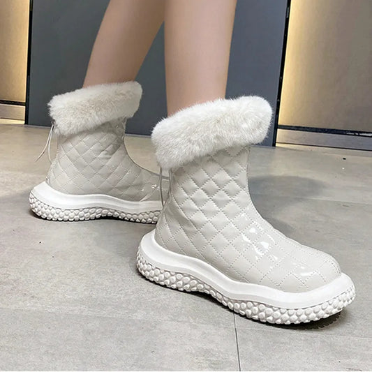 aichashi  -  Hairy Mouth Snow Boots Women's New Winter Round Head Inner Heightened Rear Zipper Short Boots Plush Keep Warm Cotton Boots