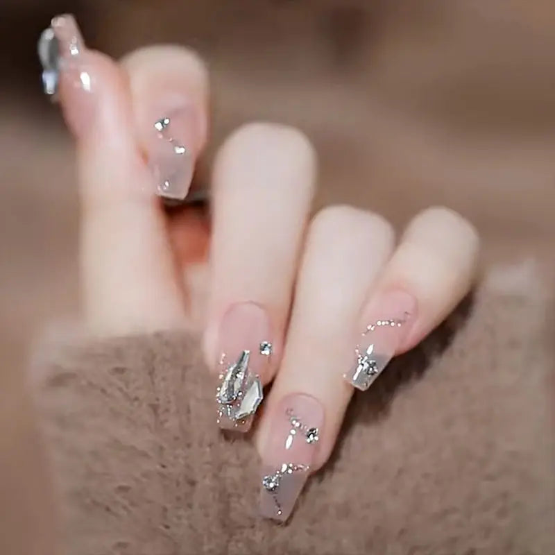 24PCS Glitter Press On Nails Korean Style Heart Rhinestone Design Coffin Fake Nails Full Cover Acrylic Nails Tips for girls Gift