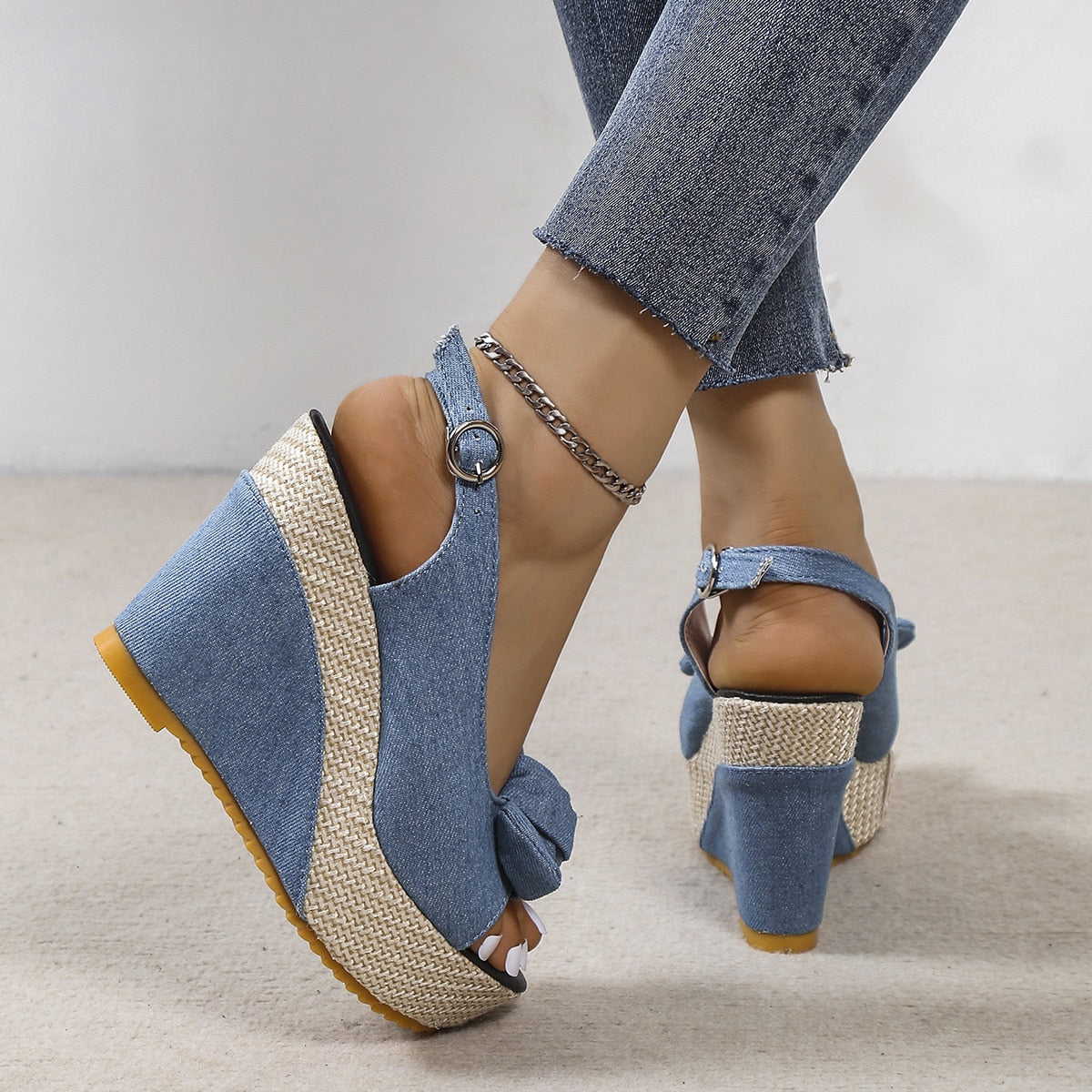 Aichashi Fashion Denim Bow Decor Slingback Wedge Sandals Summer Outdoor Platform Slides Ladies Shoes Increase Height Female Sandals