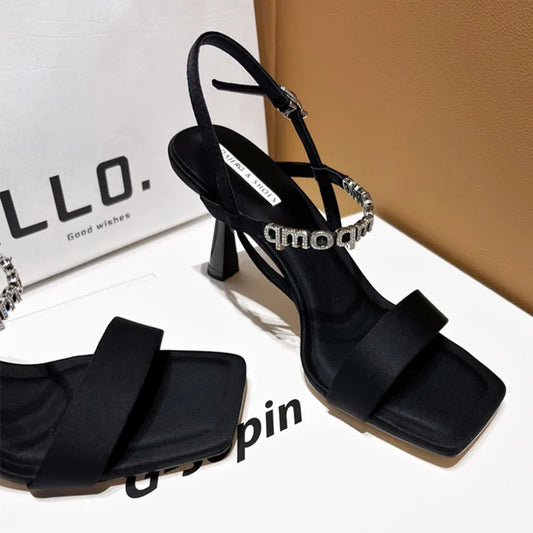 aichashi  -  Sexy Square Toe Thin Heeled Sandals Women Summer Fashion Rhinestone Letter Design Pumps Women Cross Strap Black High Heels