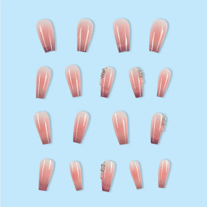 24 Pcs Extra-Short-T Press On Nails Pink Gradient Cat Eyes Fake Nails With Rhinestone Shiny Artificial Reusable False Nails