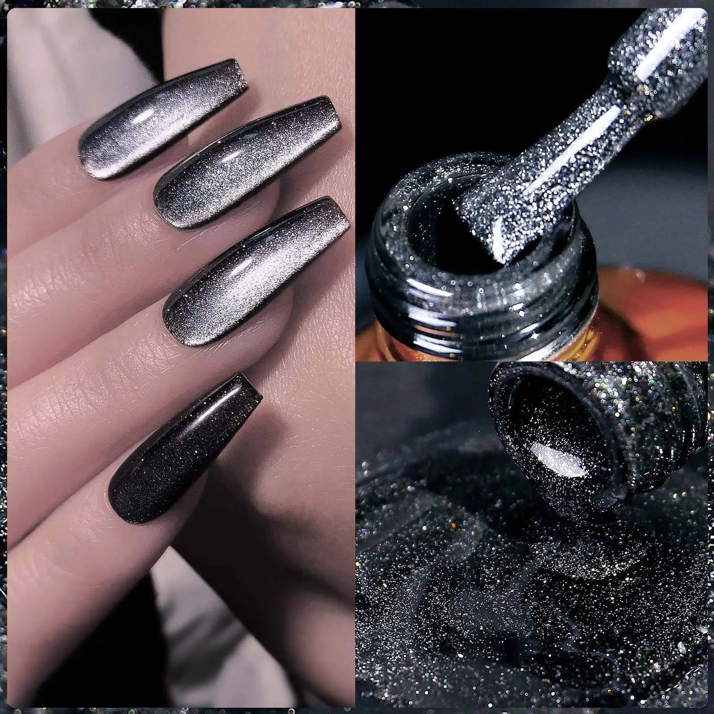 Aichashi Black Crystal Cat Eye Magnetic Gel Semi Permanent Nail Polish Sparkling Glitter Nail Soak Off LED UV Gel Varnishes