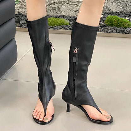 aichashi  -  Ladies Heeled Pumps Sandals  New In Knee High Boots Fashion Zippers Female Footwear Open Toe Women Heels Shoes Flip Flops