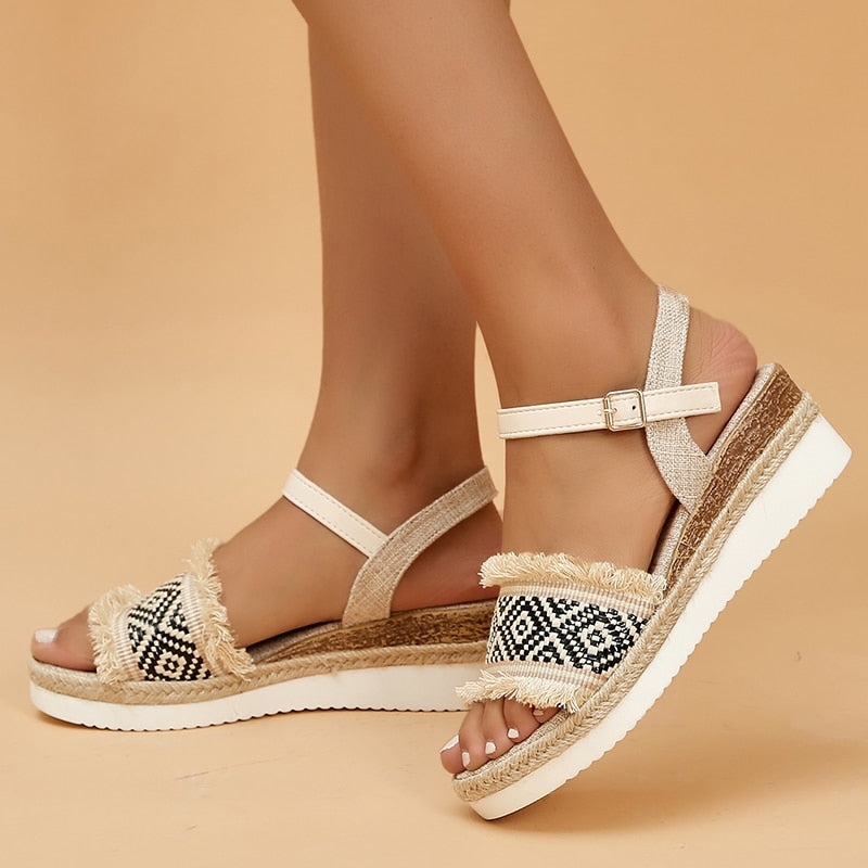 Aichashi Bohemian Style Printed Wedge Sandals for Women Summer Non Slip Platform Shoes Woman Lightweight Casual Gladiator Sandalias