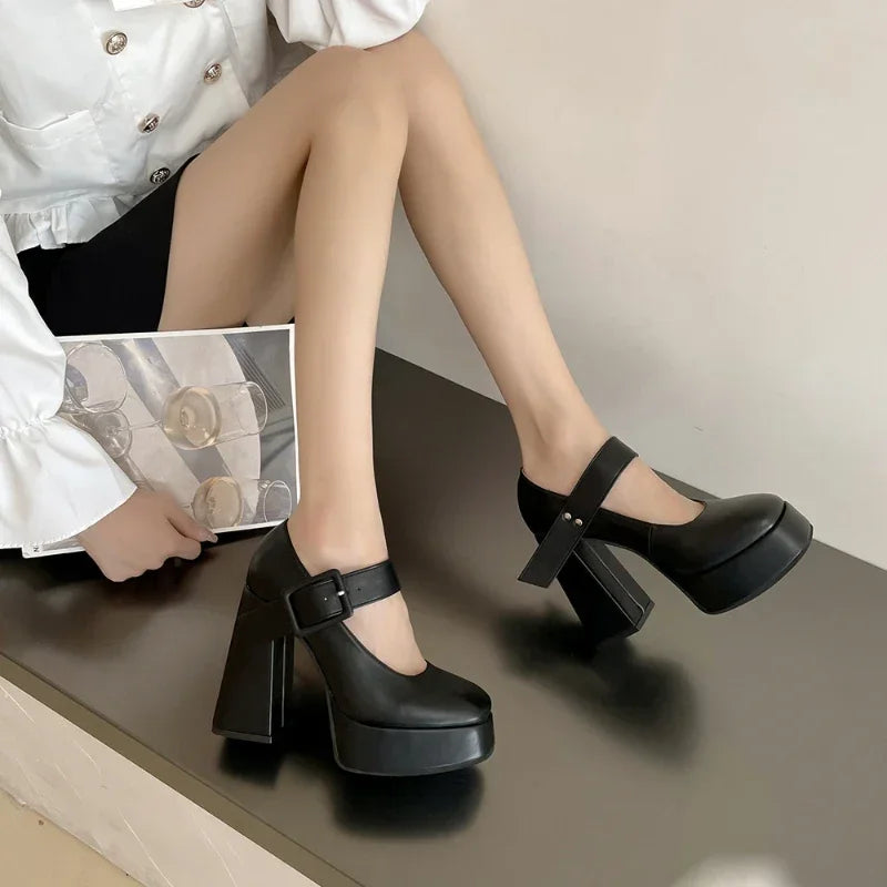 aichashi  -  Chunky Mary Janes Women Pumps Ankle Strap Square Toe Footwear Ladies Spring Black Fashions Platform Platform High Heels Ladies