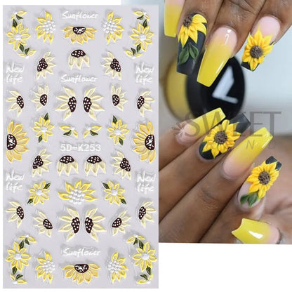 5D Yellow Sunflower Embossed Nail Sticker Acrylic Flower Leaf Bee Butterfly Summer Engrave Gel Polish Manicure Slider Decoration