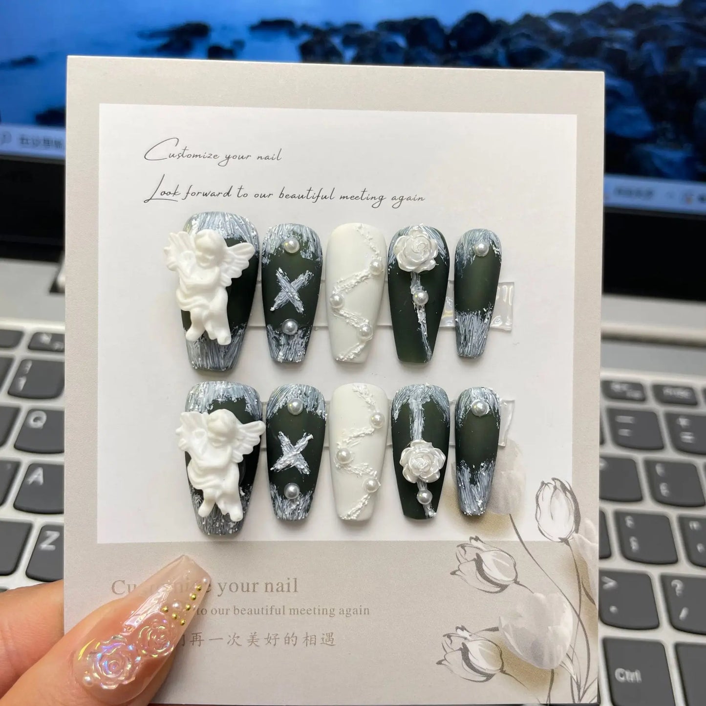 10pc detachable long ballet green false nails with Camellia butterfly full cover press on acrylic nail coffin korean style nails