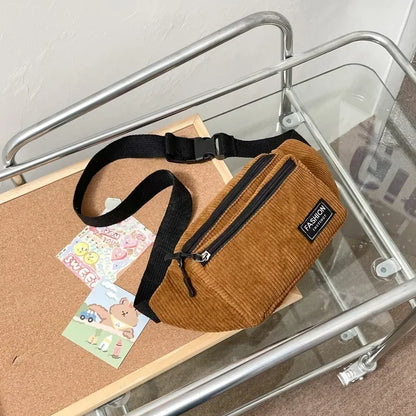 Aichashi Corduroy Women's Waist Bag Small Canvas Ladies Casual Shoulder Crossbody Bags Fashion Fanny Pack Female Solid Color Chest Bag