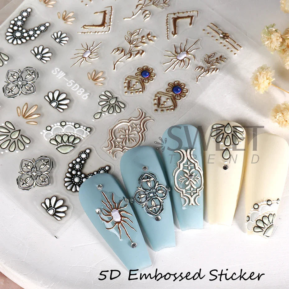 5D Acrylic Bohemia Flowers Nail Embossed Sticker Brown Filigree Lace Tribe Design Adhesive Decal Charms Textured Decoration