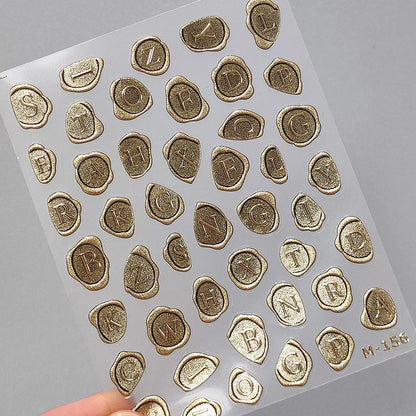 Aichashi 5D Relief Retro Bronzed Colorful Stamp Gold Single Letter Seal Mud Stamp Block Adhesive Nail Art Stickers Decals Manicure Charms