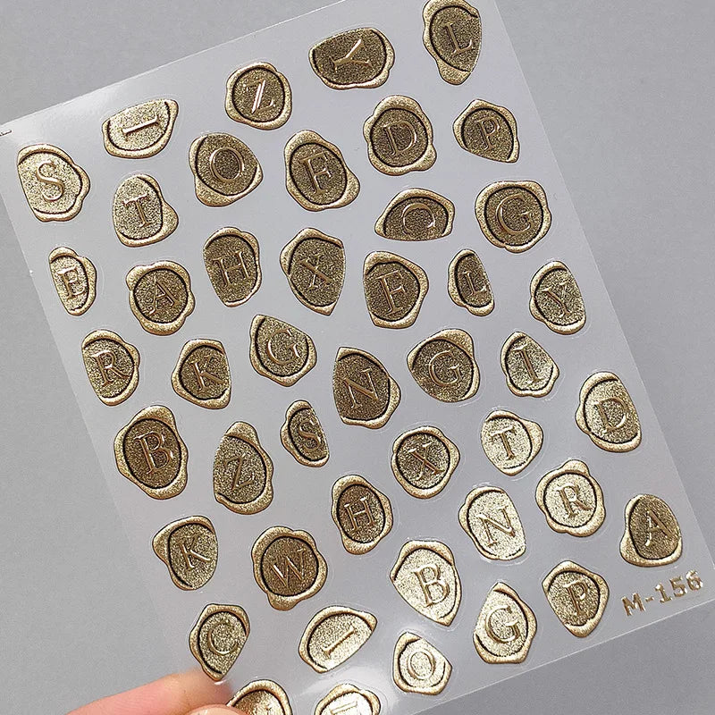 Aichashi 5D Relief Retro Bronzed Colorful Stamp Gold Single Letter Seal Mud Stamp Block Adhesive Nail Art Stickers Decals Manicure Charms