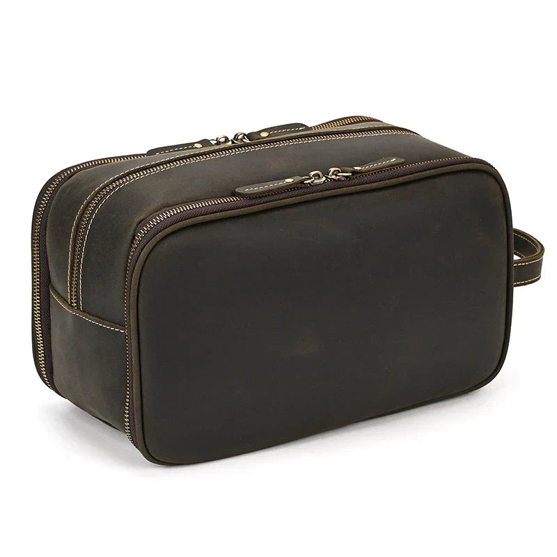 Aichashi Genuine Leather Cosmetic Bag Men Women Makeup Portable Wash Shower Case Waterproof Clutch Travel Toiletry Groomsmen Gift