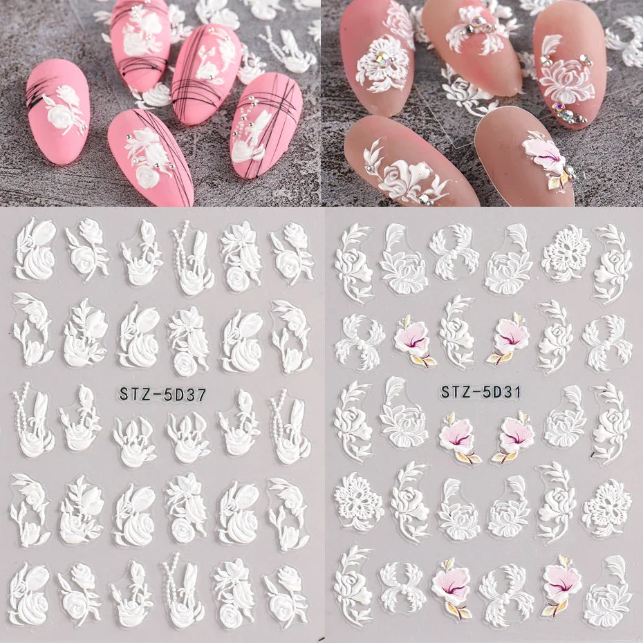 2Pcs 5D Acrylic Lace Flowers Nail Stickers Decals White Wedding Design Simple Floral Embossed Sliders DIY Nails Accesories