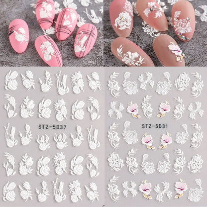 2Pcs 5D Acrylic Lace Flowers Nail Stickers Decals White Wedding Design Simple Floral Embossed Sliders DIY Nails Accesories