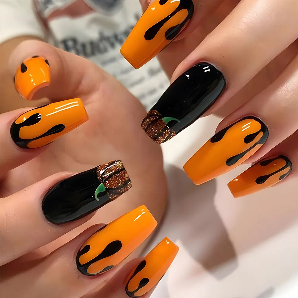 Aichashi New Halloween Fake Nails Patch Black Almond/Coffin Head Artificial Nail Tips Pumpkin Spider Ghost Printed Press on Nail for Girl