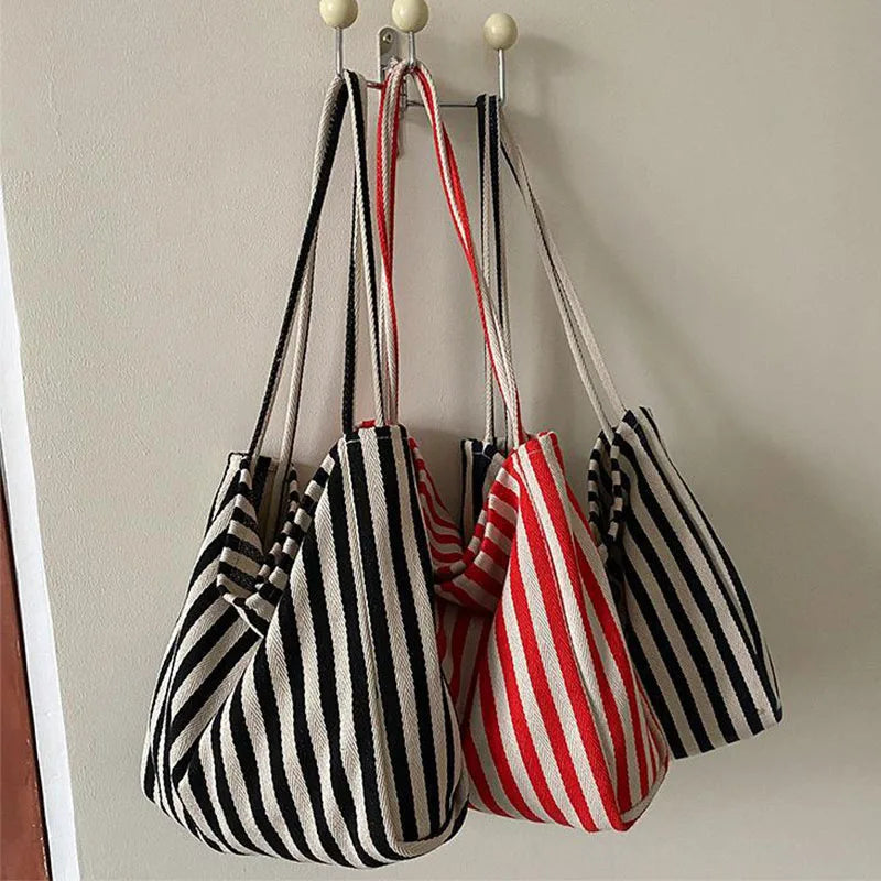 Aichashi BACK TO SCHOOL Korean Version Of Retro Literary Handbag Simple Fresh Striped Shoulder Bag Fashion Large Capacity Shopping Bag