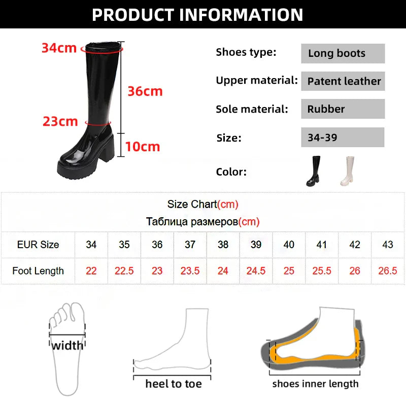 Aichashi Chunky Heel Platform Long Boots for Women Black Patent Leather Knee High Boots Woman Winter Thick High Heels Punk Shoes