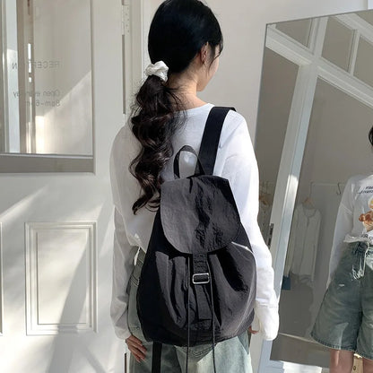 aichashi Solid Color Retro Style Nylon Women Backpack Casual Women Backpack Harajuku School Students Drawstring Flap Travel Backpack