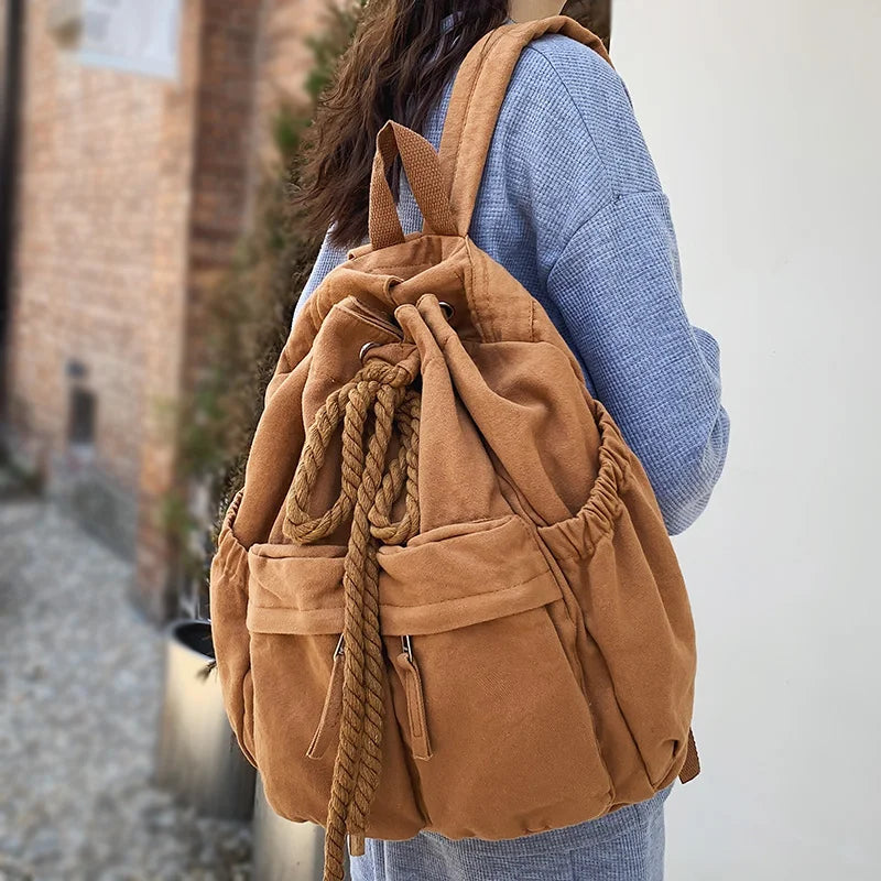 Aichashi Ladies Canvas Vintage Girl Leisure Drawstring Book Bag Female Brown Laptop College Backpack Women Travel School Bag Fashion Cool