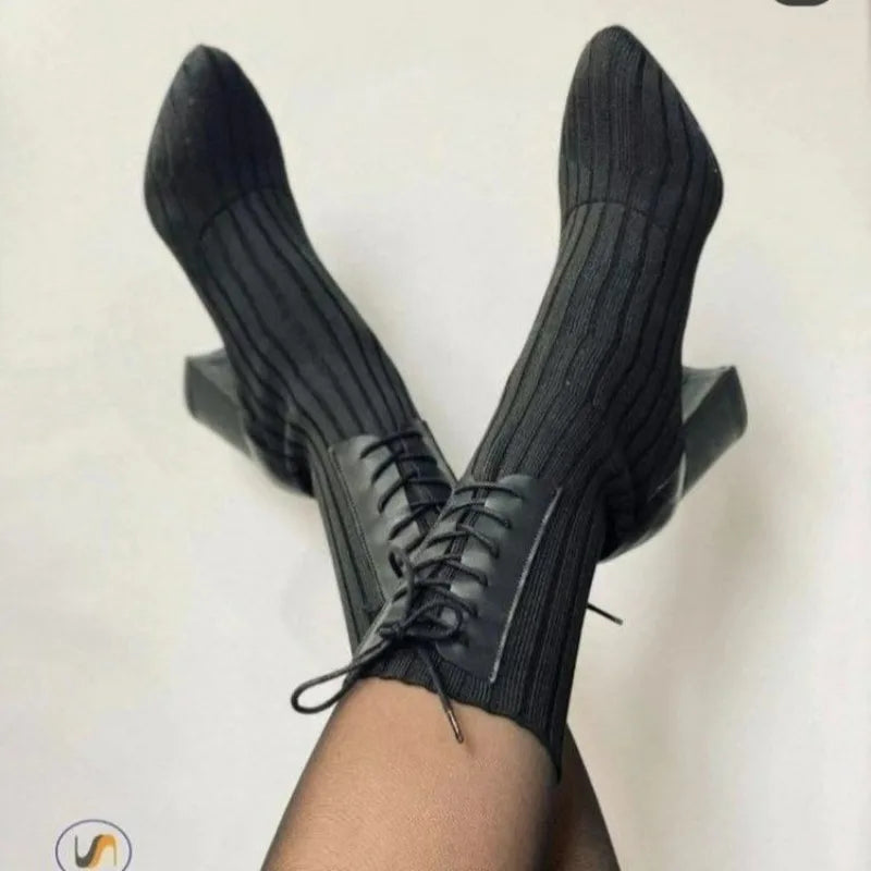 aichashi  -  Pointed Chunky Heel Boots Black Surname High Lace-up Knit Sock Boots Plus Size 43 Non-slip Banquet Boots Thigh High