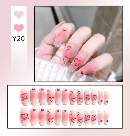 24Pcs Almond False Nails With Tools Cute Heart Strawberry Chili Design French Checkerboard ABS Press On Nails Fake Tips Wearable